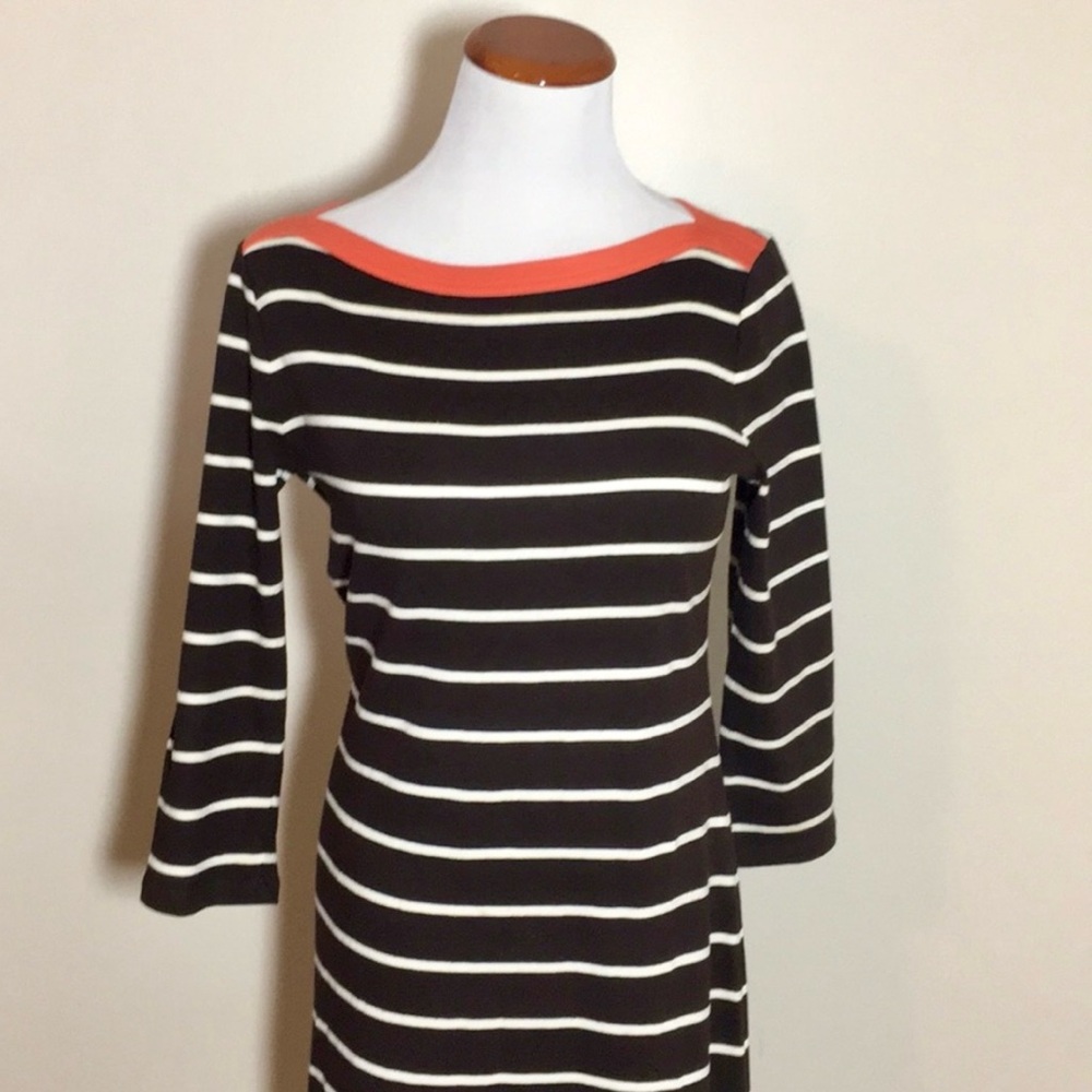 Lauren Ralph Lauren Brown and White Striped Dress and Orange Neckline Size Small